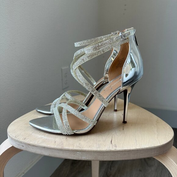 Jessica Simpson Wylanne Rhinestone Silver Heels / Size 9 - Picture 1 of 5